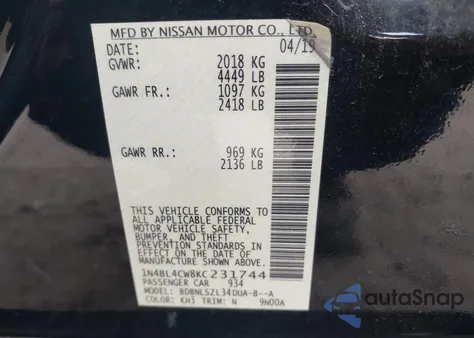 2019 Nissan Altima 2.5 Sr из США, поврежденный, VIN 1N4BL4CW8KC231744